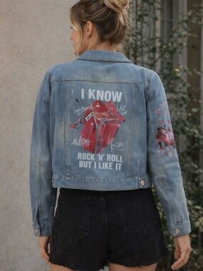 Rolling Stones Graphic Print Cropped Denim Jacket Boutique